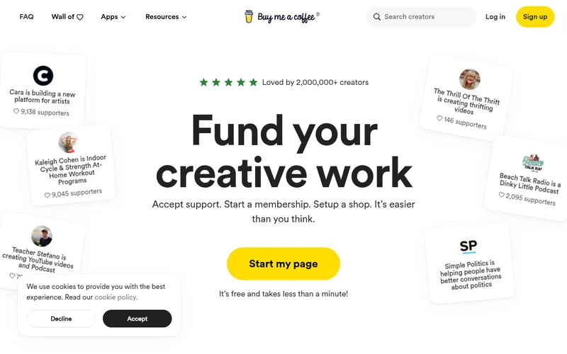 Screenshot of the Buy Me a Coffee homepage