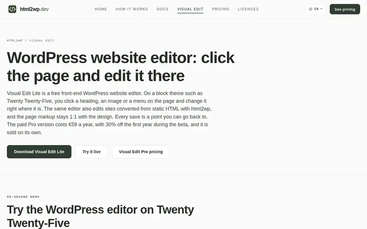Screenshot of the Visual Edit homepage