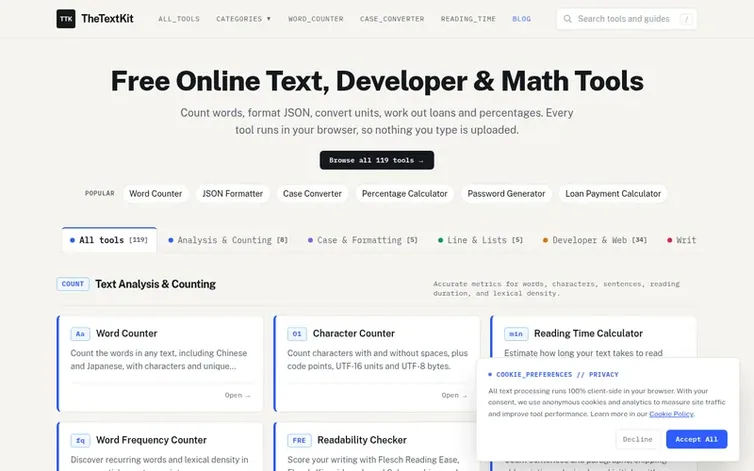 Screenshot of the TheTextKit homepage