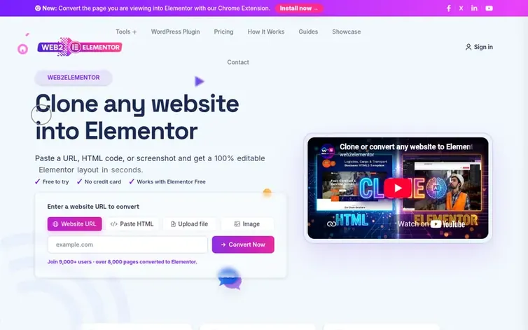 Screenshot of the Web2Elementor homepage
