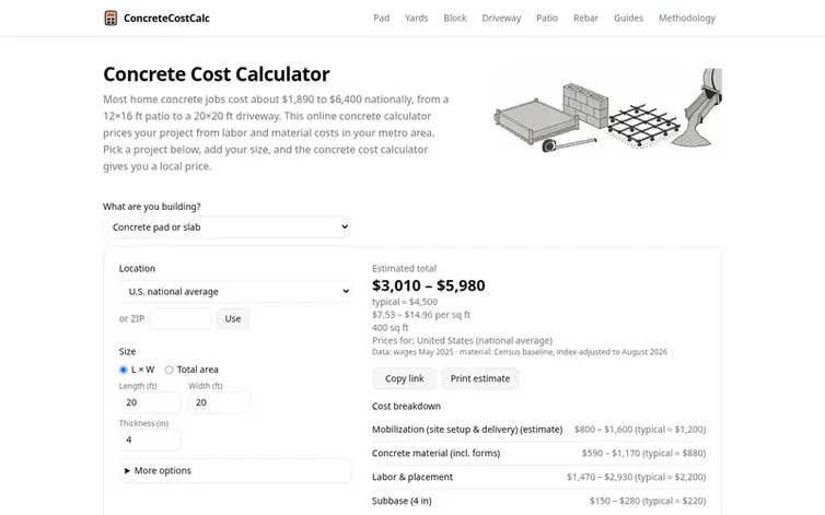 Screenshot of the ConcreteCostCalc homepage