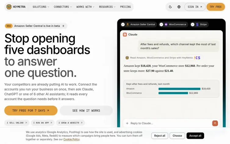 Screenshot of the HeyMetra homepage