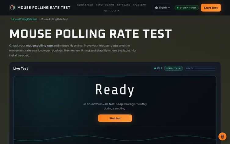 Screenshot of the Mouse Polling Rate Test homepage