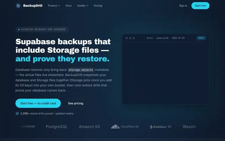 Screenshot of the BackupDrill homepage