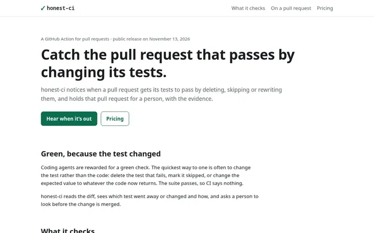 Screenshot of the honest-ci homepage