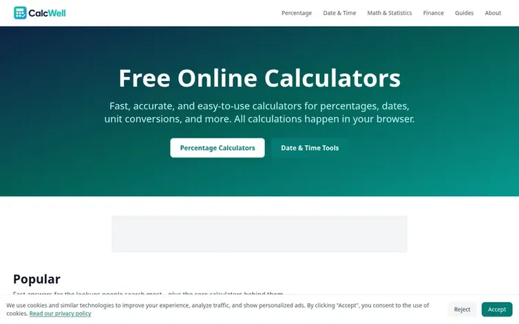 Screenshot of the CalcWell homepage
