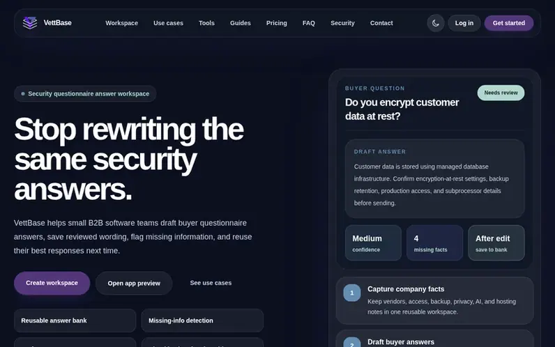 Screenshot of the VettBase homepage