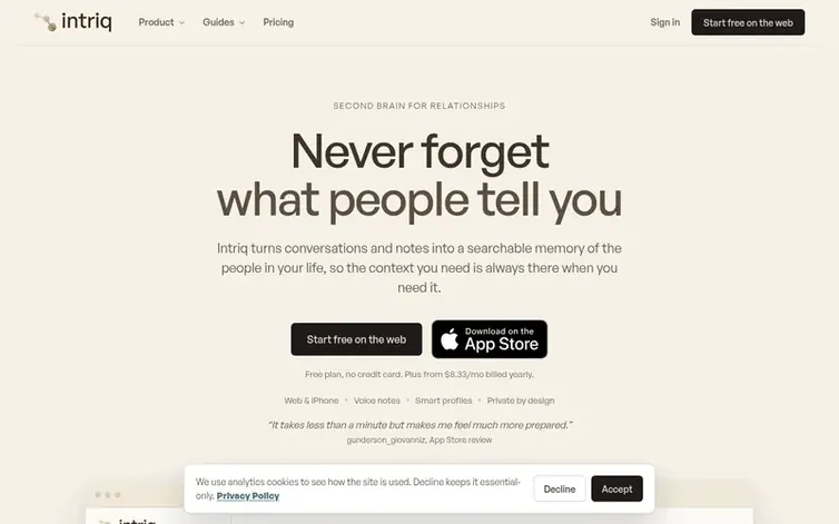 Screenshot of the Intriq homepage