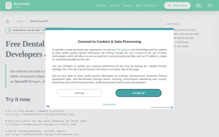 Screenshot of the Real Dental Costs homepage