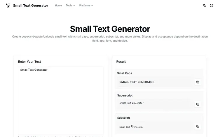 Screenshot of the Small Text Generator homepage