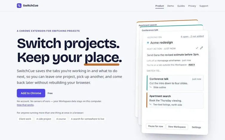 Screenshot of the SwitchCue homepage