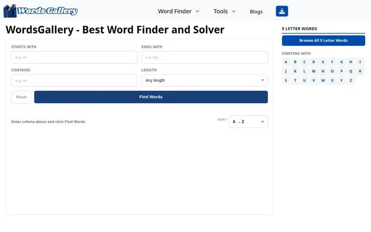 Screenshot of the WordsGallery homepage