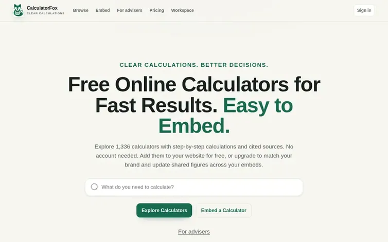 Screenshot of the CalculatorFox homepage