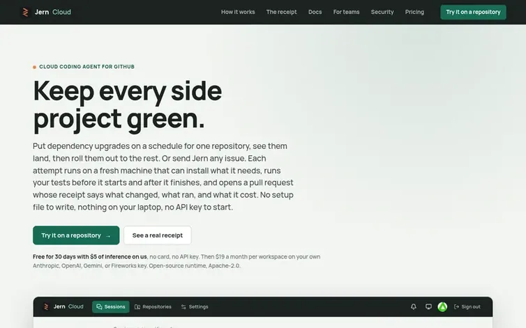 Screenshot of the Jern Cloud homepage