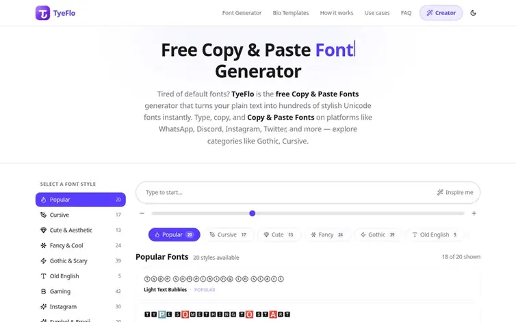 Screenshot of the TyeFlo homepage