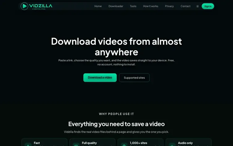 Screenshot of the Vidzilla homepage