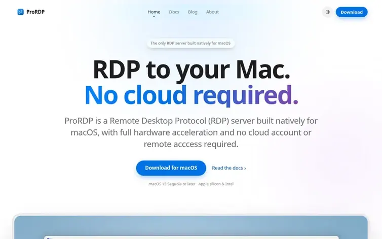 Screenshot of the ProRDP homepage