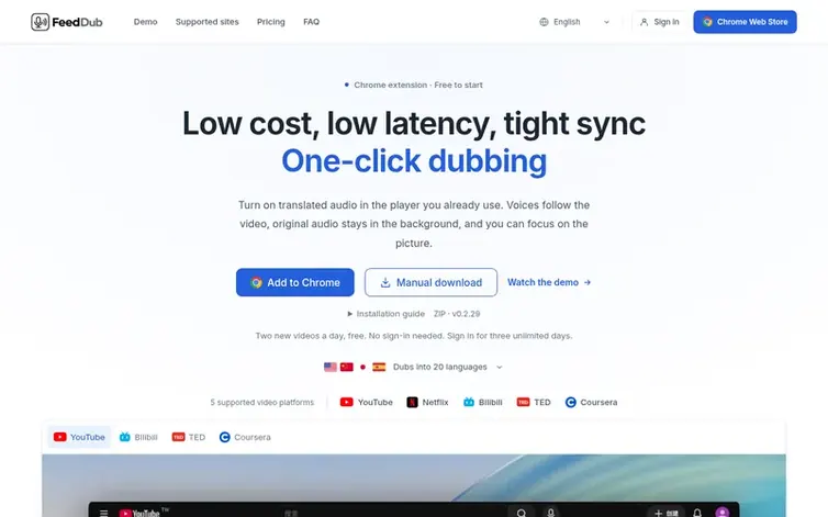 Screenshot of the FeedDub homepage