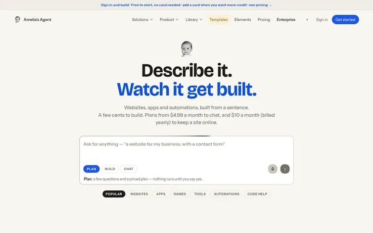 Screenshot of the Amelia's Agent homepage