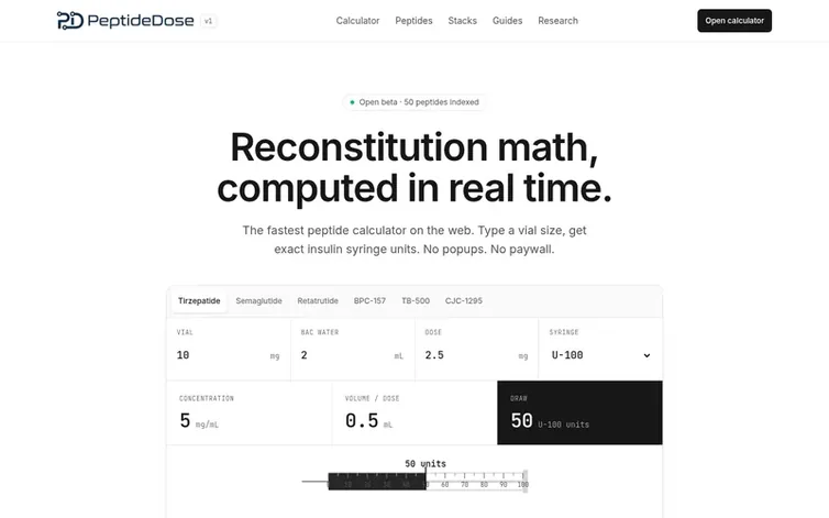 Screenshot of the PeptideDose homepage