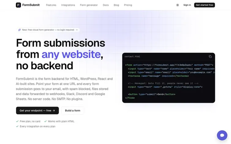 Screenshot of the FormSubmit homepage