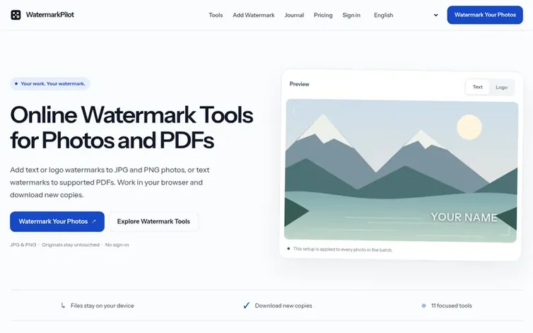 Screenshot of the WatermarkPilot homepage