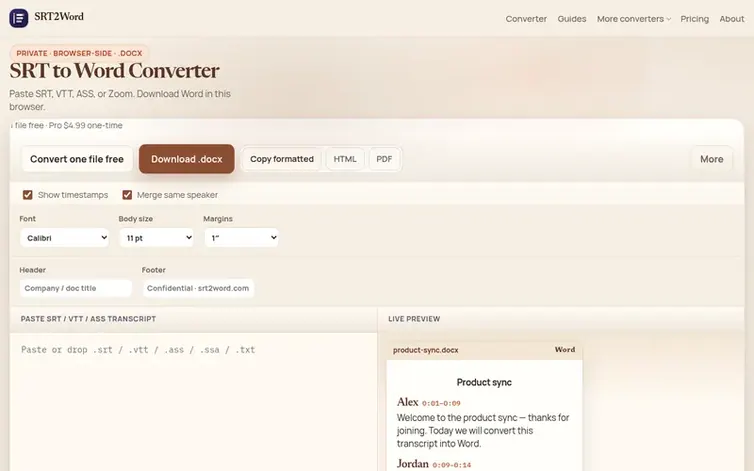Screenshot of the SRT2Word homepage