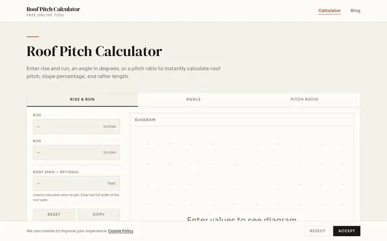 Screenshot of the Roof Pitch Calculator homepage