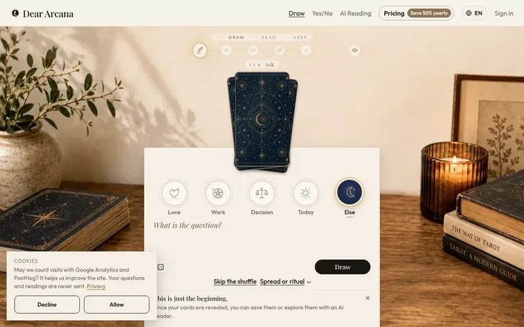 Screenshot of the Dear Arcana homepage