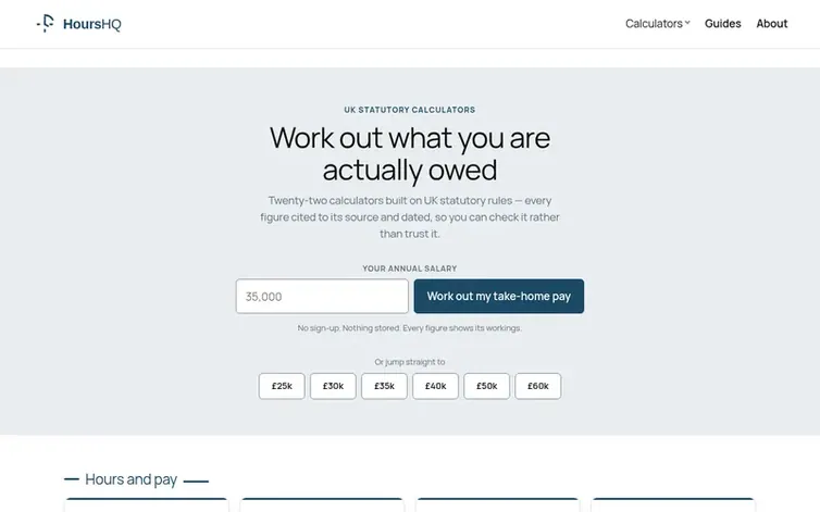 Screenshot of the HoursHQ homepage