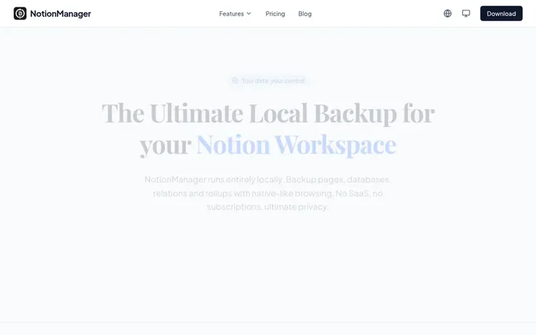 Screenshot of the NotionManager homepage