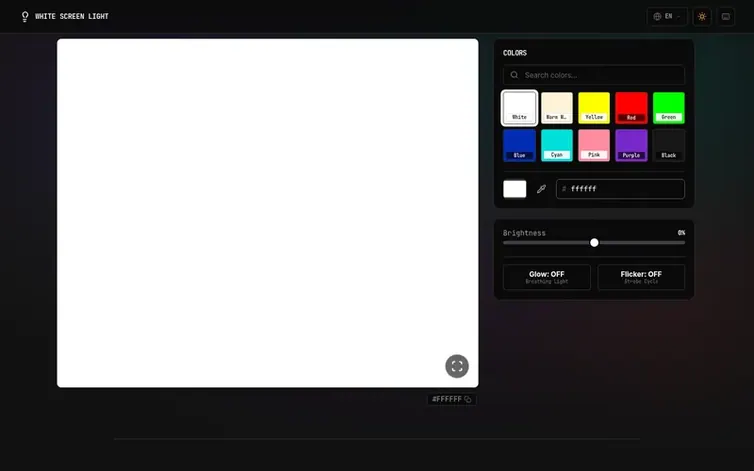 Screenshot of the White Screen Light homepage