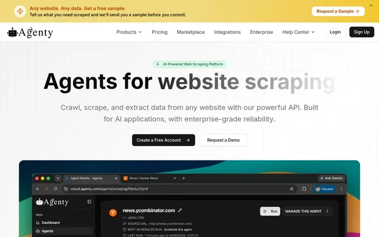 Screenshot of the Agenty® homepage