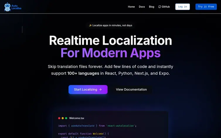 Screenshot of the AutoLocalise homepage