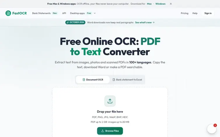 Screenshot of the FastOCR homepage