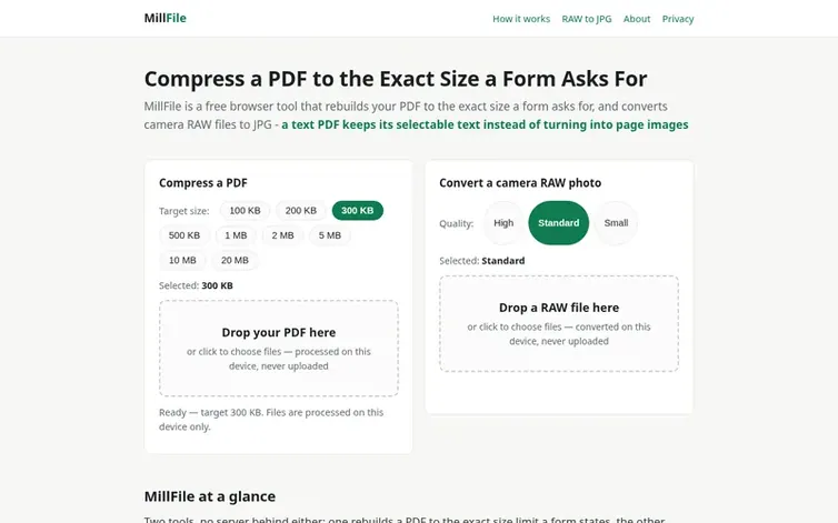 Screenshot of the MillFile homepage