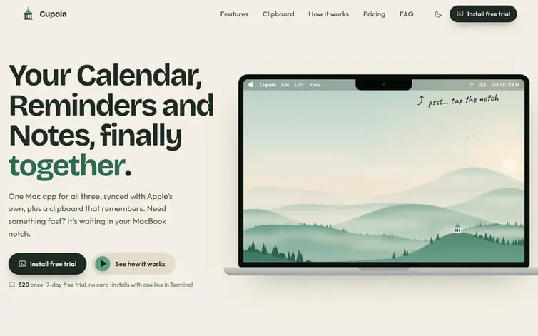 Screenshot of the Cupola homepage
