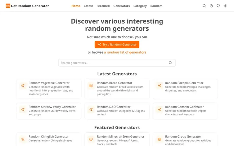 Screenshot of the Get Random Generator homepage