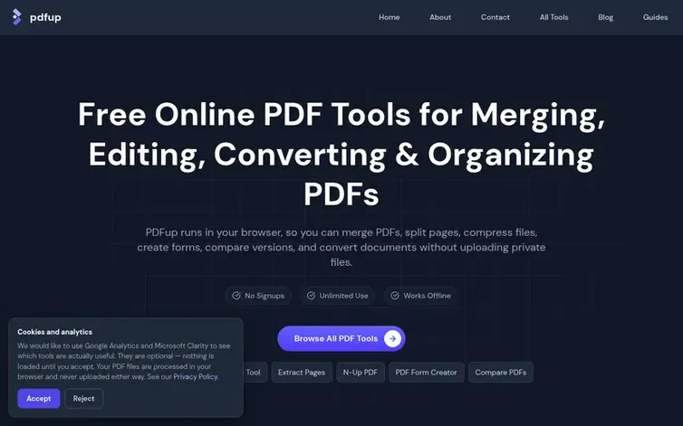 Screenshot of the PDFup homepage
