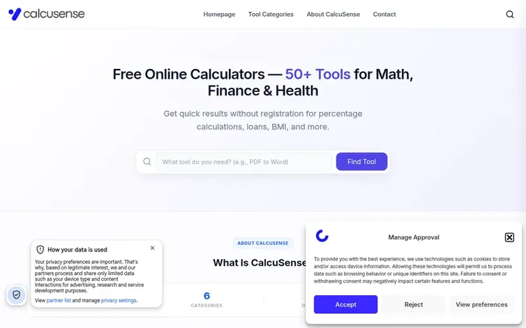 Screenshot of the CalcuSense homepage