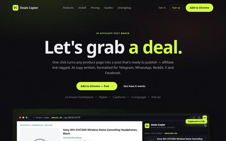 Screenshot of the Deals Copier homepage