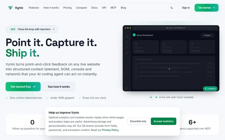 Screenshot of the Vynix homepage