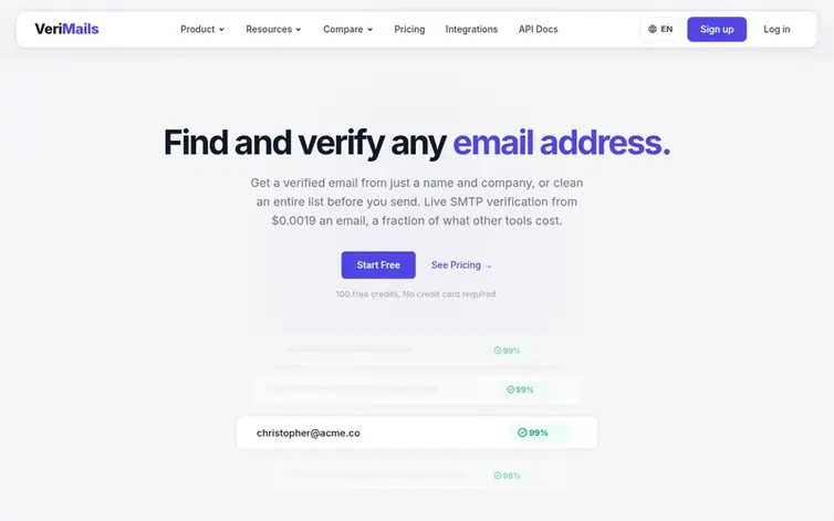 Screenshot of the VeriMails™ homepage