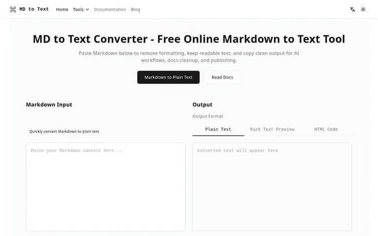 Screenshot of the MD to Text homepage