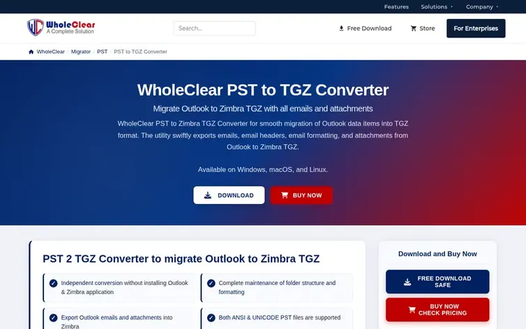 Screenshot of the WholeClear PST to TGZ Converter homepage