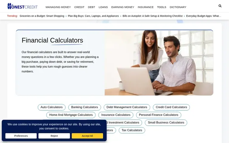 Screenshot of the HonestCredit homepage