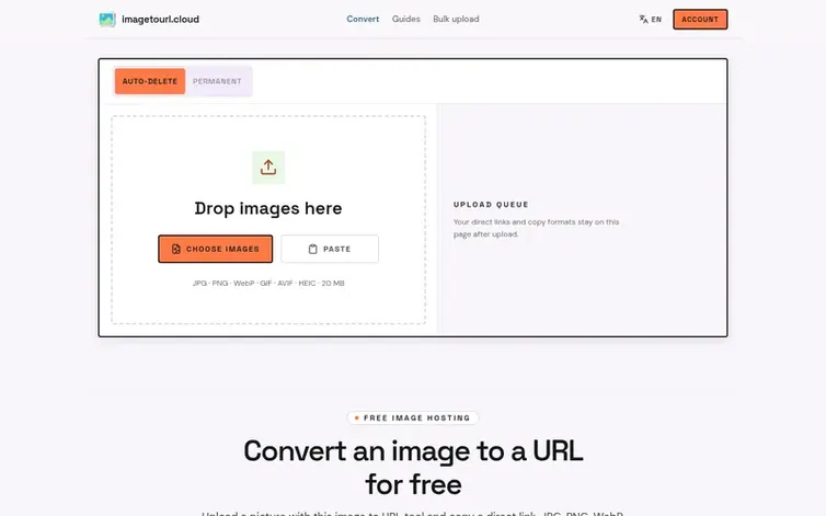 Screenshot of the Image to URL homepage