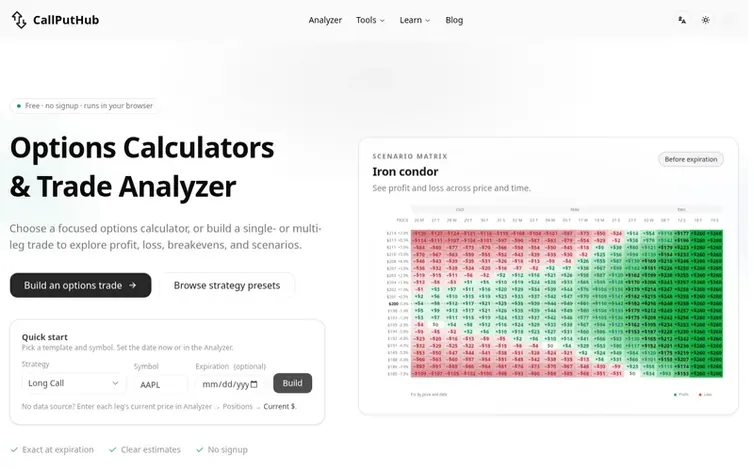 Screenshot of the CallPutHub homepage