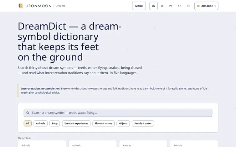 Screenshot of the DreamDict homepage