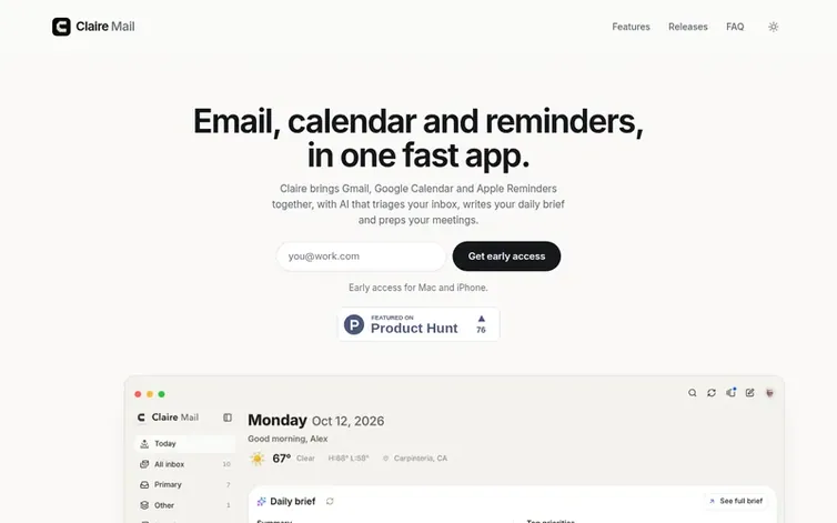 Screenshot of the Claire Mail homepage